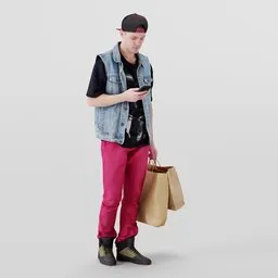 3D modeled young male in red pants and denim vest with sneakers and a cap, holding bags and a smartphone.
