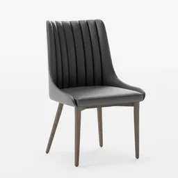 Modern 3D model of a black leather dining chair with stitched stripes and wooden legs, suitable for Blender rendering.