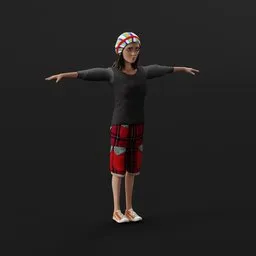 3D rigged male model in T-pose wearing beanie, casual clothes, and flip-flops, ideal for Blender animation.