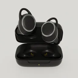 Realistic 3D rendering of wireless earbuds in black with charging case, compatible with Blender for design visualizations.