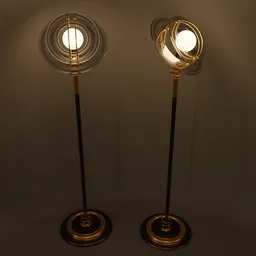 Vintage-style 3D-rendered floor lamps with illuminated bulbs, optimized for Blender, showcasing detailed 80s design aesthetics.