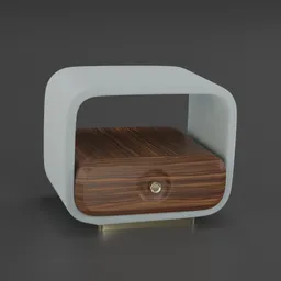"Minelli Nightstand 3D model for Blender 3D: A retro-inspired table design featuring a wooden box with a drawer, textured cloth upholstery, and a polished brass base, reminiscent of Willem Jacobsz Delff's style. High detail skin, depth of field blur, inspired by Zsolt Bodoni, with muted lighting. Also referred to as an anomalous object in the SCP universe."