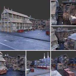 Detailed Blender 3D urban scene with buildings, alleyways, and texturing.