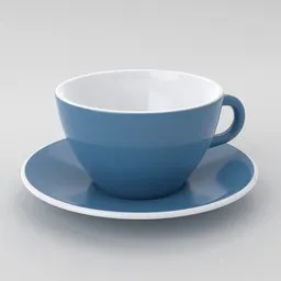 Detailed 3D rendered blue ceramic cappuccino cup with saucer, ideal for Blender modeling.