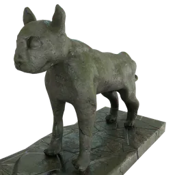 Detailed 3D-rendered aged cat sculpture, Blender compatible, moss-covered, stone texture, ideal for urban scenes.