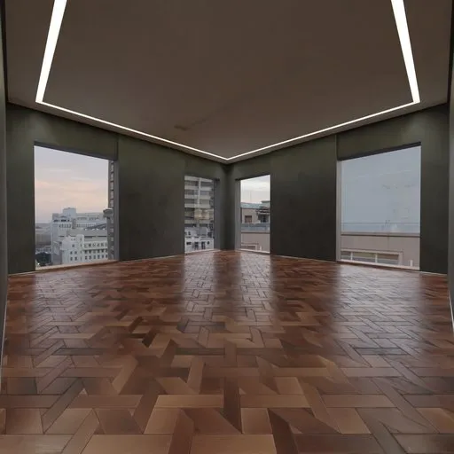 Versatile Blender 3D indoor scene with wooden floor, large windows, and cityscape view, suitable for office or apartment.