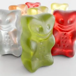 Realistic Blender 3D model render of colorful gummy bears with automatic color variation and detailed textures.