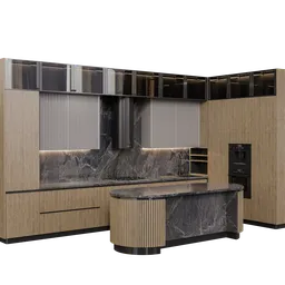 Detailed 3D Blender model of modern marble-finish kitchen with wooden accents, ready for cycles rendering.