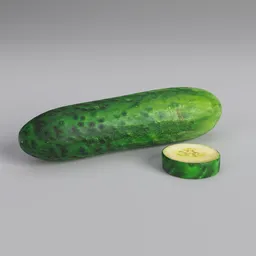 "Handmade high-poly Cucumber 3D model with cut version and decimate mod, perfect for Blender 3D. This ultra-realistic model is highly detailed and designed by An Gyeon. Ideal for use as a pickle in your 3D scenes."