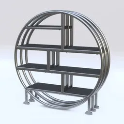 "Round Shelf 3D model for Blender 3D - A sleek metal and ebony shelf with a circular design. Perfect for showcasing books, bicycles, or other objects. Symmetrical and visually appealing, this unique shelf is ideal for modern interiors."