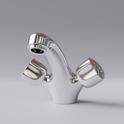 Highly detailed 3D chrome faucet model with two handles, designed for Blender with a subdivision surface modifier.