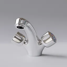 "A detailed 3D model of a white faucet with three chrome handles, inspired by Josef Navrátil and rendered using Redshift. This Blender 3D asset showcases intricate water textures and a high level of rendering, ideal for architectural or product design projects."
