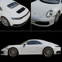 Detailed white Porsche 911 Carrera 3D model render for Blender, showcasing multiple angles.