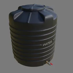 "Black water tank with 1500L capacity, designed in Blender 3D. Includes red handles and top lid, with detailed water texture and scalable modifiers for optimal model quality. Explore variations of this highly detailed stadium asset and rate your experience today."