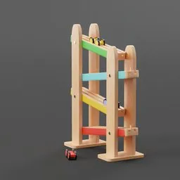 3D rendered wooden ramp racer animation-ready with customizable color cars for Blender modeling and simulation.
