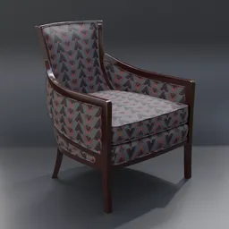 "Delany Armchair 3D model for Blender 3D: a trendy furniture piece with a geometric fabric pattern inspired by 1920s cloth style. Featuring birch wood arms and legs, it is perfect for waiting rooms and offices."