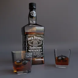 Realistic 3D model of a whiskey bottle with two glasses, showcasing intricate details and textures, suitable for Blender rendering.