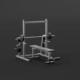 Detailed 3D model of a bench press setup with barbell and weights, optimized for Blender rendering.