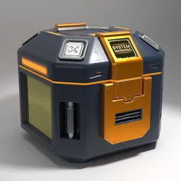 "Scifi Crate Loot Box - Metallic Orange 3D model for Blender 3D. This container-industrial design features a small blue and orange box with a clock on top, inspired by Carl Eugen Keel and rendered in Marmoset Toolbag. Perfect for gaming or futuristic scenes, it includes elements such as loot, a phobos, a portable generator, and a supercomputer."
