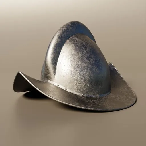 16th-century Spanish infantry Morion helm 3D model, designed in Blender, detailed texturing, suitable for military history 3D projects.