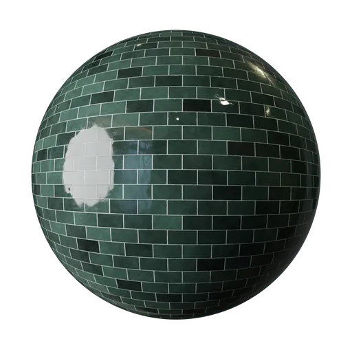 Realistic PBR green porcelain tile texture for 3D modeling in Blender, showing subtle reflective distortions and surface imperfections.