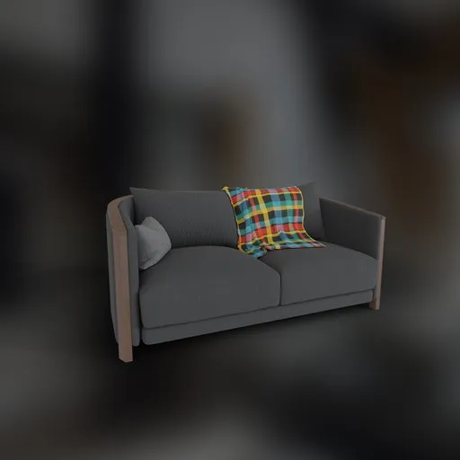 High-quality Blender 3D model of a plush upholstered sofa with accent stitching and a colorful checkered cushion.