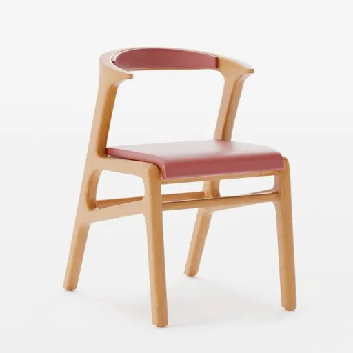 Detailed 3D model of a mid-century modern wood chair with red upholstery, designed for Blender rendering.