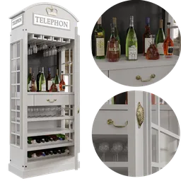 Detailed 3D model of a telephone-box-turned-bar, with bottles and glasses, showcased for Blender rendering.