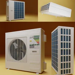 Detailed 3D Blender model of a split AC condenser unit with copper tubing and cooling fan.