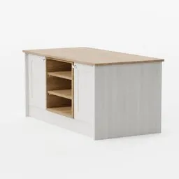 3D rendered kitchen island with open shelving, oak top, and white painted finish perfect for Blender modeling.