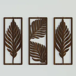 "Add a touch of bohemian charm to your home or office with this set of 3 wooden wall art pieces featuring a realistic leaf design. The tropical plant wood wall plaque is perfect for rustic or vintage decor and can be hung in your living room or bathroom. Created with Blender 3D and rendered in Octane, these photorealistic pieces are inspired by Charles Ragland Bunnell and include metal bars for a modern touch."