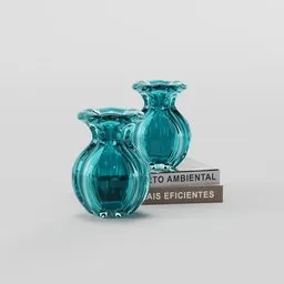 "Murano glass vase and books 3D model for Blender 3D - A stunning and elegant depiction of two blue vases resting on a pile of books. Designed with cozy aesthetics in mind, this environment-friendly model features intricate details like braziers and vials. Perfect for adding a touch of opulence to any virtual space."