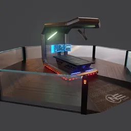Detailed 3D model of a futuristic medical operating station, designed for use in Blender with illuminating elements and screen displays.