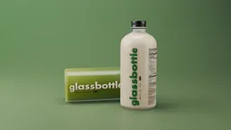 3D rendered glass bottle mockup on a green backdrop, useful for Blender artists and commercial visuals.