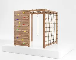 Detailed 3D render of a wooden climbing structure with rope net and swing, designed for Blender render.