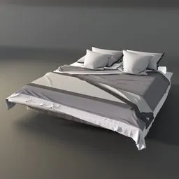 "Modern and elegant bedroom bed with a steel gray frame and detailed cloth in salad and white colors. This 3D model for Blender 3D features anti-aliasing, animatic, and spiraling design for a stunning 3D appearance. Created by Correggio, the bed includes a lot of pillows for added comfort."