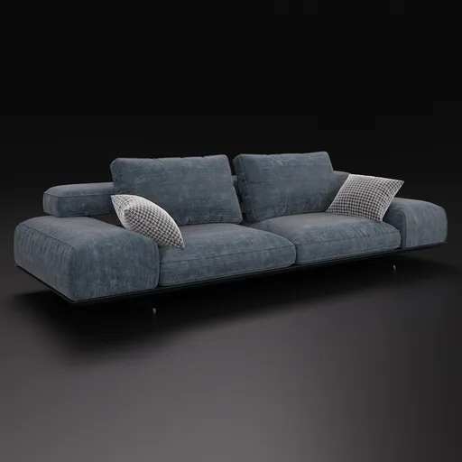 Detailed 3D rendering of a modern fabric denim sofa with pillows, compatible with Blender 4.0+.