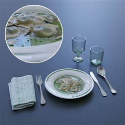 Photorealistic 3D modeled ravioli dinner set with customizable textures for blender rendering.