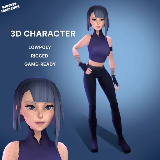 Stylized female 3D character model in cyberpunk attire, ready for Blender, toon-shaded, game asset.