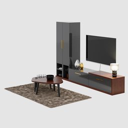 Detailed 3D model of modern TV unit and coffee table, UV unwrapped, customizable, ideal for Blender rendering.