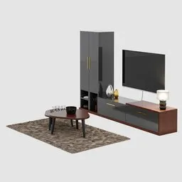 "Explore a stunning 3D rendered model of a tv unit & coffee table for your bedroom design needs, inspired by Junpei Satoh & Okada Beisanjin. This detailed mesh, in carbon black and antique gold, features brown wood cabinets and comes in real world scale with UV unwrapping for easy customization in Blender 3D. Don't miss the chance to elevate your interior with this pop japonisme piece from RenderHub's next2020 catalog!"