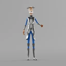 "Lowpoly 3D model of a man in silver and blue medieval garb, known as Quixote of the Stain, created in Autodesk and rendered in Blender 3D. This animated character is portrayed as a fencer and tinkerer, with a long grey beard and standing upright, perfect for children's animated films. Modeled by John Henderson, this CAD toy figure adds character to any medieval armoury scene."