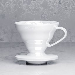 "White plastic V60 Hario Pourover Dripper 3D model for Blender 3D - perfect for restaurant and bar scenes. Inspired by Jakob Häne, with a coffee cup on a saucer and a white waist apron and undershirt. Designed with attention to detail for a realistic touch."