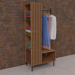 3D model of oak-finished Japandi-style wardrobe shelving with clothes display.
