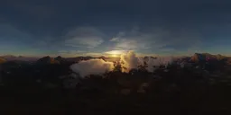 360-degree HDR with clouds enveloping mountains during sunset for realistic scene lighting.