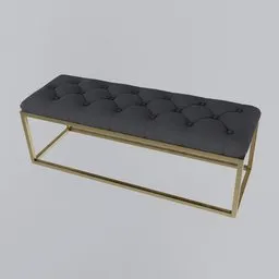 "Black cushioned bench with gold trim and textured base, perfect for Blender 3D scenes. Tufted softly and set inside the bank, this pouf category model adds style to any project. Available on store website."