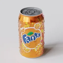 Realistic Blender 3D model of a Fanta can with condensation droplets.
