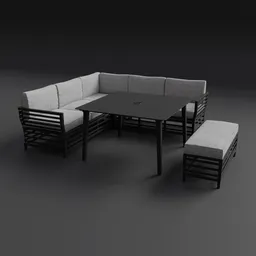 Detailed 3D model showcasing a garden corner sofa, dining table, and bench with cushions, designed in Blender 3D.