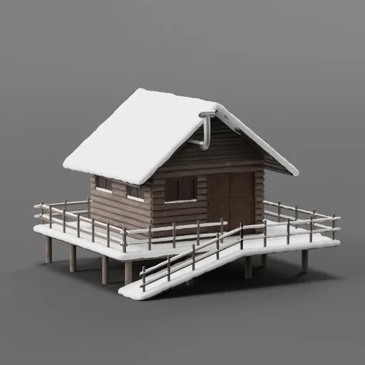 Detailed 3D model of a cozy wooden cabin with snowy roof for Blender 3D rendering.