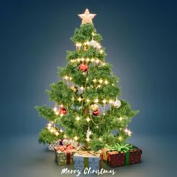 Detailed 3D Christmas Tree model with decorations and presents, Blender compatible, festive holiday decor.